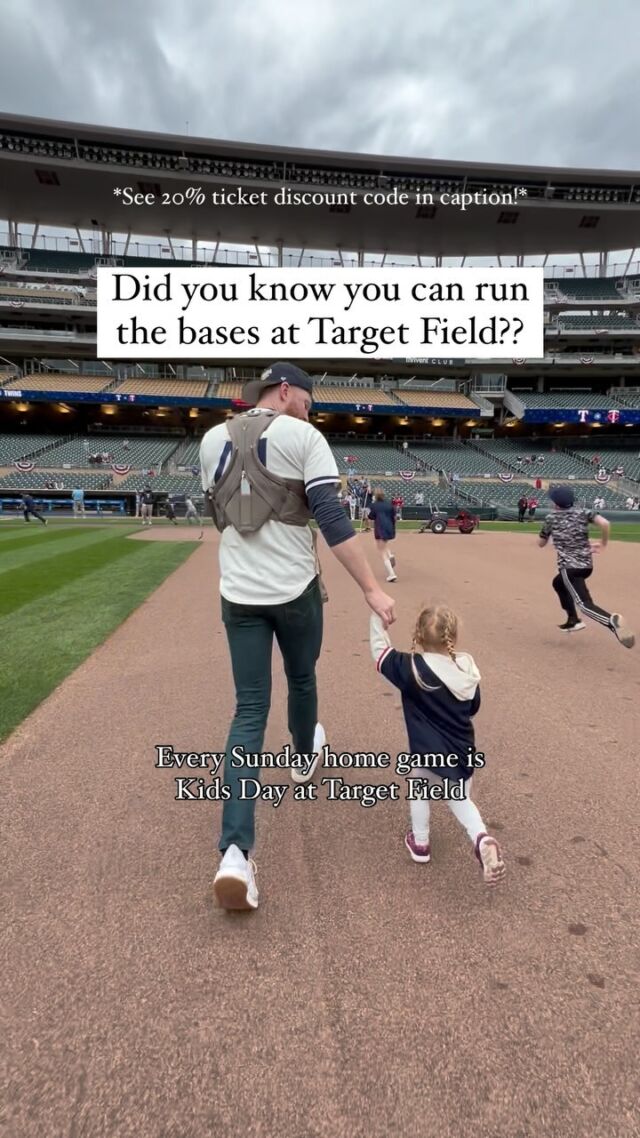 Here’s where you can find each of these things at Target Field!

⚾️ Running the bases is for kids 12 and under and happens after the game. Line starts in the 7th inning at section 130. 

⚾️ Photos with TV Bear, the playground, and face painting at section 229. Photos take place during the 3rd inning. 

⚾️ Kid Zone has fun games and photo ops and is located at gate 34 during the entire game. 

⚾️ Half off kids meals can be found at section 124, 211, and 311. 

⚾️ First game certificates can be found all over, just ask an attendant where you can find one when you enter! 

Use code LINDSEY20 for 20% off tickets! Link in bio.