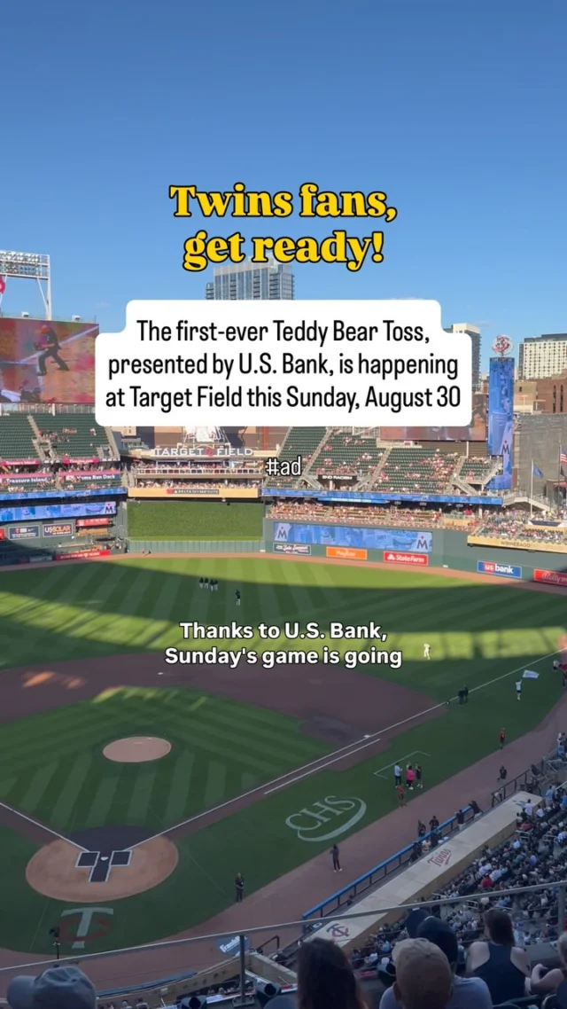 This Sunday, August 30!! #ad

The Twins play at 12:10 pm. The first-ever Teddy Bear toss, presented by @usbank, is happening 60 seconds after the game!

Simply bring a new or slightly used stuffed animal to toss after the game. All stuffed animals will be donated to Children’s MN Hospital and other local non-profits.

Let’s fill the field! Remember you can use code LINDSEY25 for 25% off Twins tickets!