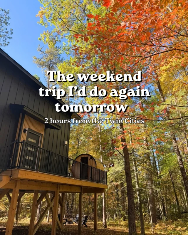 Fall in Minnesota!! We love this getaway and it’s only 2 hours from the Twin Cities. 

Crosby, Minnesota is known for its mountain biking and red dirt trails but we did shopping and relaxing for a girls weekend 😊 

It’s the cutest little town and here’s everything we did! 

🏠 Stayed at Skyward Treehouse at @cuyunamatata 
🍜 Lunch at @drunkennoodlecrosby 
🛍️ Shopping at @cuyunaoutfitters @smith_trade_crosby_mn @commongoodscrosby @redthreads.crosby and Nord Hus 
🍬 Candy, coffee, ice cream, and toys at @highwheelconfectionery 
🧀 Cheese, wine, vegan ice cream, and gifts at @shopvictual
☕️ Coffee at @redravenbike 
🍁 hike, bike, or paddle at Cuyuna State Recreation area.  We drove up to Miner’s Mountain for pretty views!